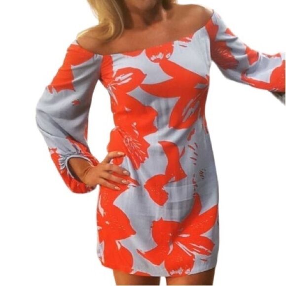 Bardot Camilla Hawaiian Floral Off The Shoulder Long Sleeve Blouson Dress - Picture 2 of 7